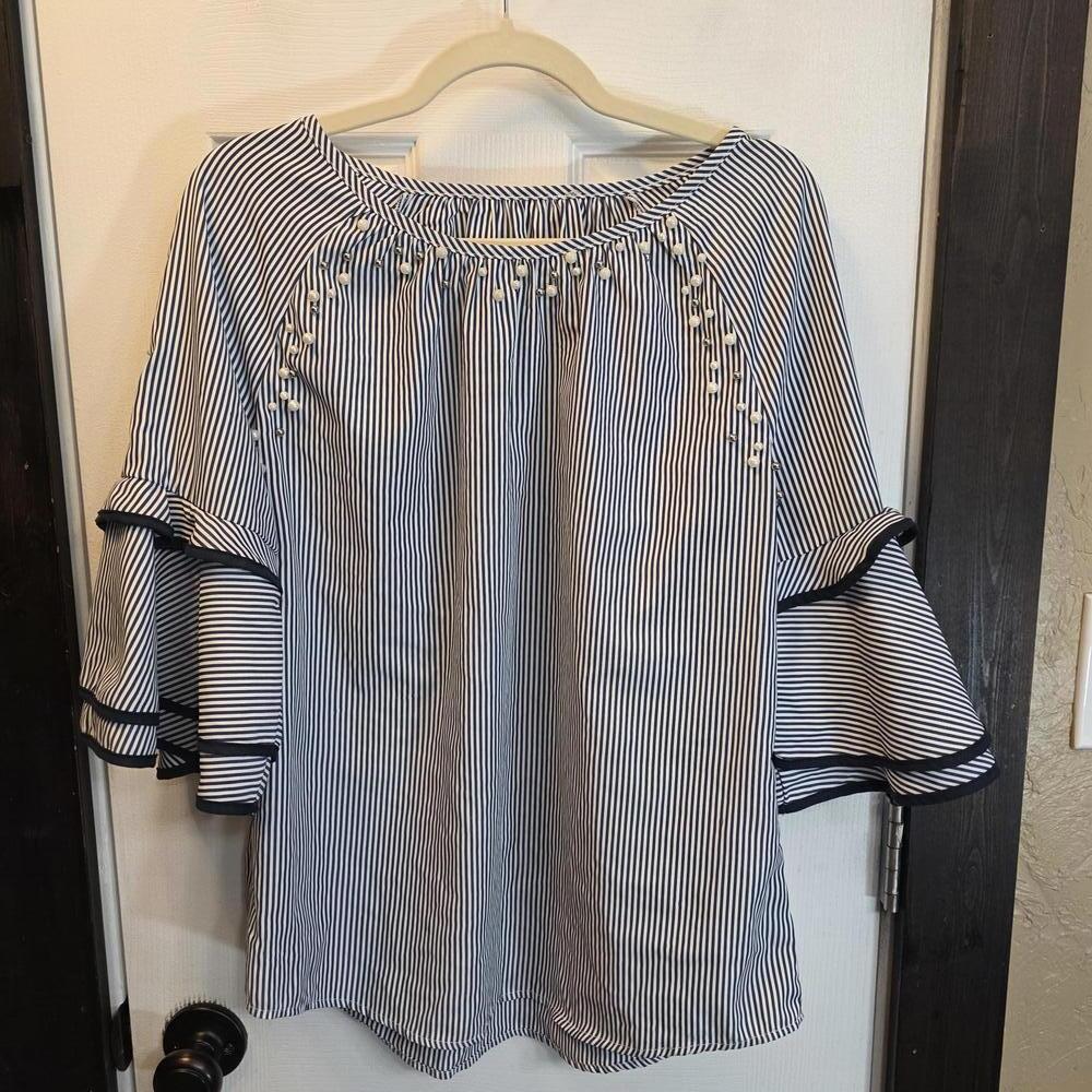 Shein Women's Navy Blue Striped Bell Sleeve Top with Pearl Embellishments